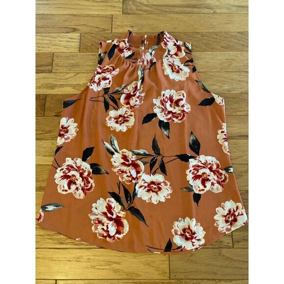 Daniel Rainn Women's Orange Floral Sleeveless Keyhole Back High Neck Blouse Sz L - Picture 1 of 8